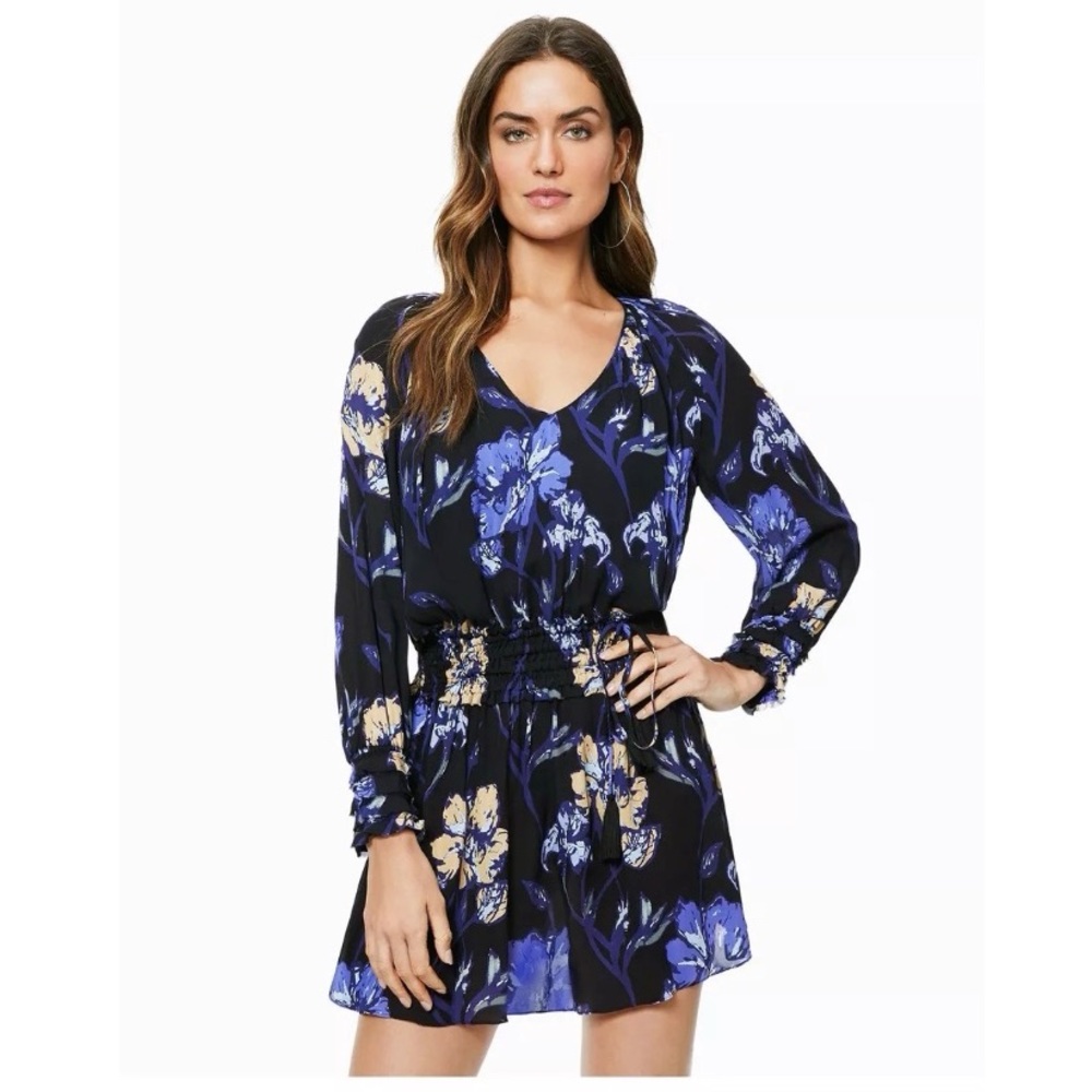 Ramy Brook Black Floral Mini Dress with Blue and Cream Flowers. Never Worn